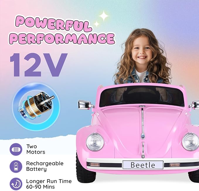 12V Kids Electric Car, Power Wheels with Remote Control, Ride on Car Toys with LED Light, 3 Speeds, Music, Pink-BubblyBeeBaby