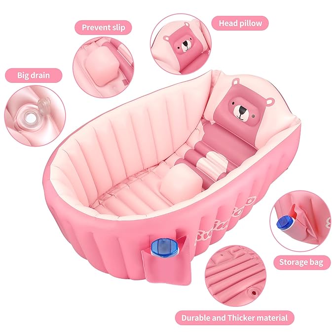 Inflatable Baby Bath Tub Portable Foldable Travel Mini Swimming Pool Helps Infants to Toddler Tub (Pink)-BubblyBeeBaby