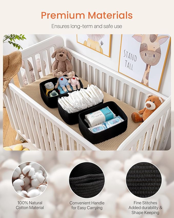 KALLAX Small Woven Basket, 13.5 x 9.5 x 5 Inches, Storage Basket for Organizing, Cute Small Rope Shelf Closet Cube Storage Bins Baskets for Shelves, Dog Toy Gift Baskets Empty, 3 Packs, Black-BubblyBeeBaby