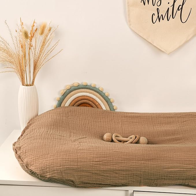 Hooyax Muslin Baby Lounger Cover 2 Pack, Soft and Breathable Newborn Lounger, Adorable Slipcover for Boys & Girls (Brown, Wheat)-BubblyBeeBaby