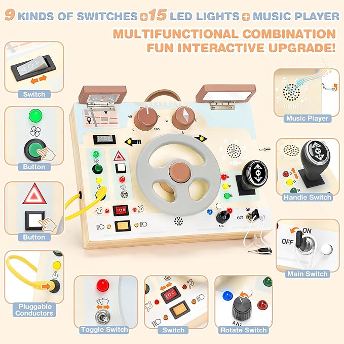 Joyreal Montessori Toddler Busy Board - Montessori Toys for 1 2 3 Years Old, Wooden Sensory Board with LED Lights, Steering Wheel, Music Player, Travel Toys for 1+ Year Old Boy & Girl Birthday Gift-BubblyBeeBaby