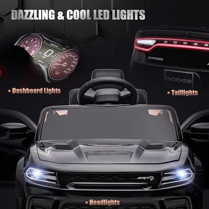 12V 7Ah Kids Electric Ride on Car, Licensed Dodge Charger SRT Hellcat, Battery Powered 4-Wheels Toy Car Electric Vehicle for Kids with Remote Control, 3 Speeds, LED Lights, Music (Black)-BubblyBeeBaby