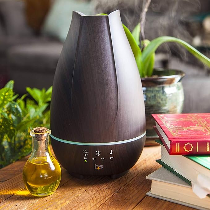 HealthSmart Essential Oil Diffuser, Cool Mist Humidifier and Aromatherapy Diffuser with 500ML Tank Ideal for Large Rooms, Adjustable Timer, Mist Mode and 7 LED Light Colors, Brown-BubblyBeeBaby