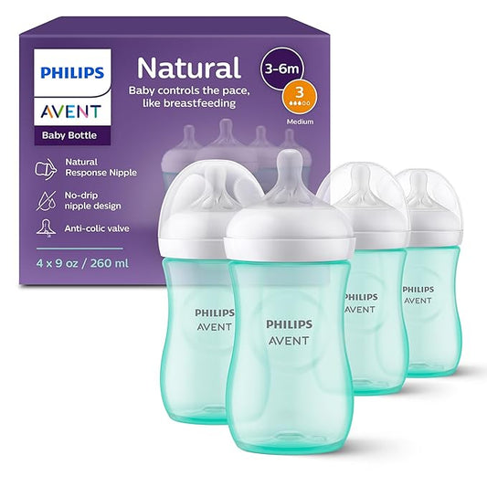 Philips Avent Natural Baby Bottles with Natural Response Nipples (Medium Flow, Flow 3), 9oz, Teal, 4-Pack, SCY903/44-BubblyBeeBaby