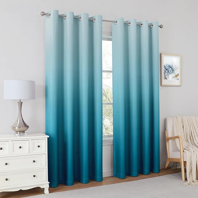 HOMEIDEAS Turquoise Ombre Blackout Curtains 52 X 84 Inch Length Gradient Room Darkening Thermal Insulated Energy Saving Grommet 2 Panels Window Drapes for Living Room, Bedroom-BubblyBeeBaby