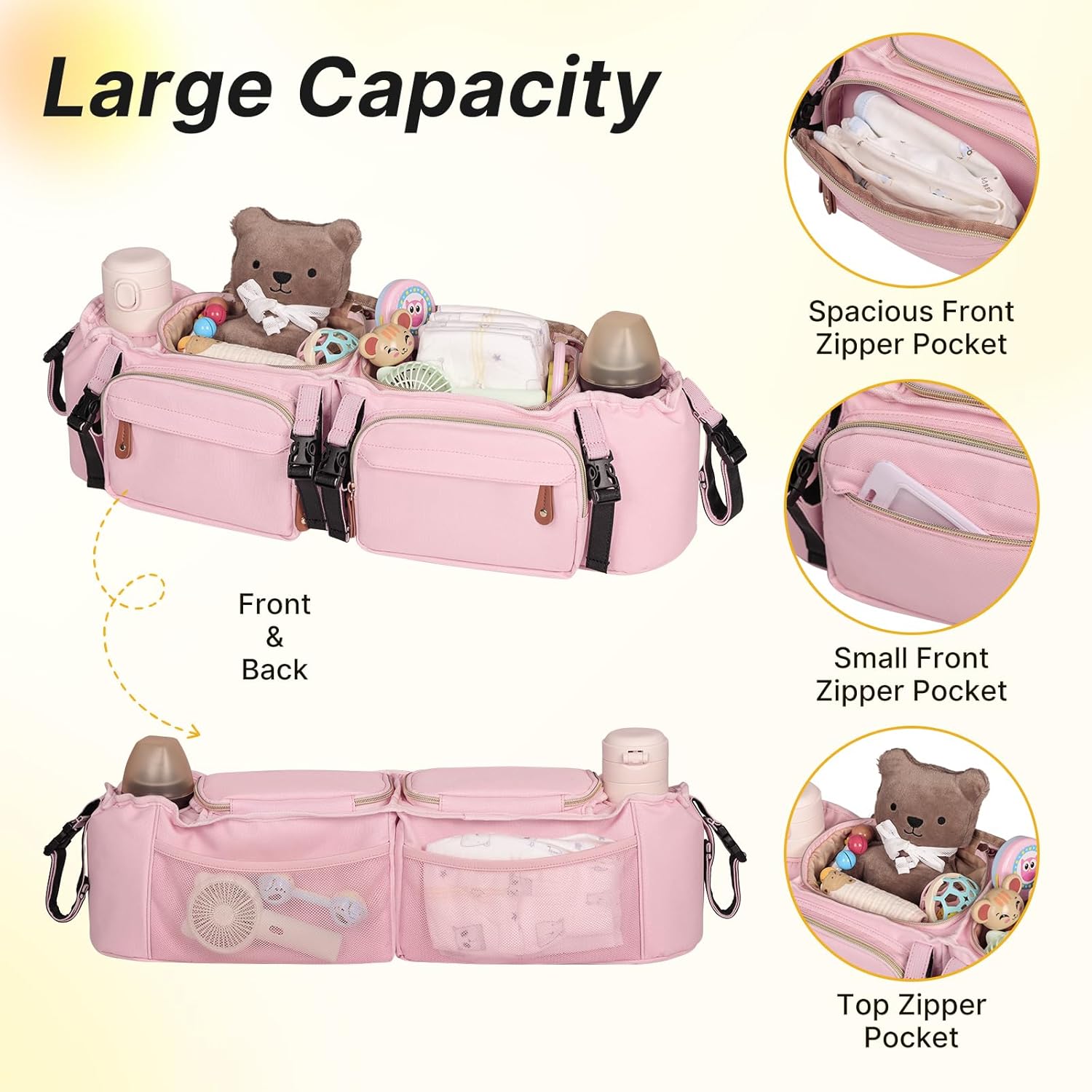 Double Stroller Organizer for Bob Duallie and Baby Jogger City Mini GT2, Double Stroller Caddy Organizers with Cup Holder and 2 Cooler Pockets Parent Console Double Stroller Accessories