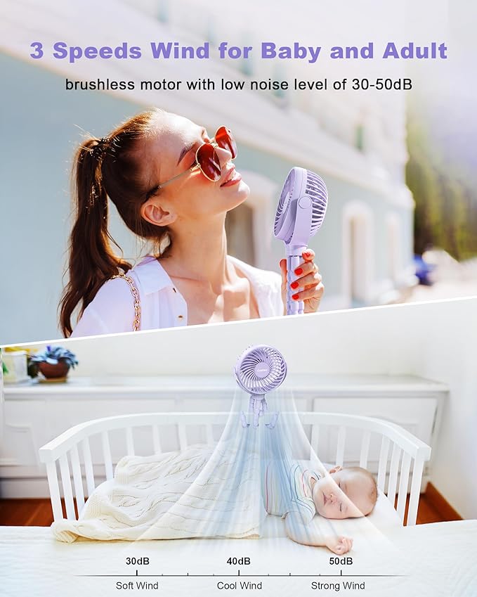 Stroller Fan Clip on for Baby, 4000mAh Rechargeable Battery Operated, Flexible Tripod, 3 Wind Speed, 360° Rotatable, Small Portable Fan for Car Seat Crib Backseat Beach Travel Camping, Purple-BubblyBeeBaby