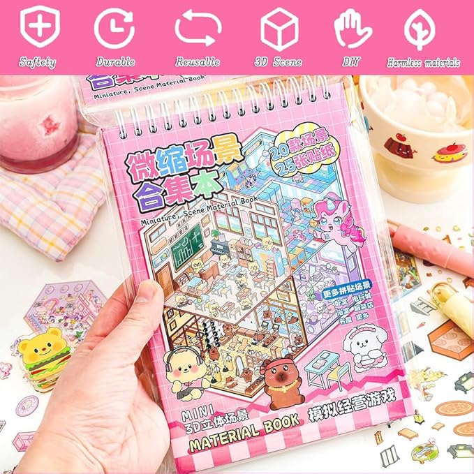 20 Sets DIY 3D Sticker Scenes for Adults with Tweezer, Kawaii 3D House Miniature Sticker Therapy, Make Your Own Mini Room Scene Collection Book for Adult Kids Relief Stress Pass The Time-BubblyBeeBaby