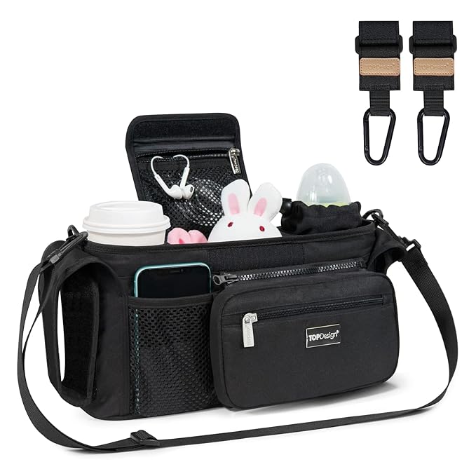 TOPDesign Universal Baby Stroller Organizer, Stroller Caddy with Heightened Insulated Cup Holders & Non-Slip Secure Hooks Accessories, Fits Most Strollers, Machine Washable (Black)-BubblyBeeBaby