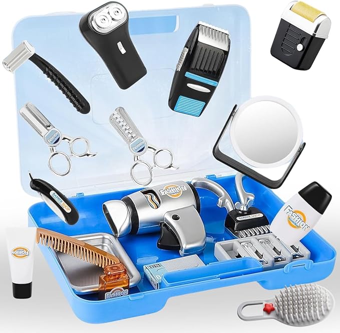 24 Pcs Barber Shop Pretend Play Toy - My First Shaving and Grooming Haircut Kit Toddler Role Play Set with Styling Accessories & Storage Box for Kids, Boys-BubblyBeeBaby