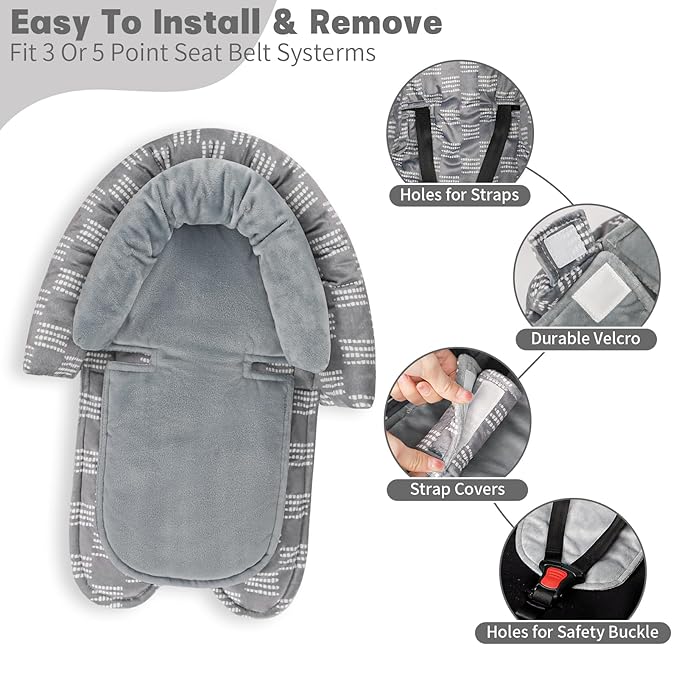 Infant Car Seat Insert, HNHUAMING Baby Car Seat Head & Body Support with 2 Strap Pads, Ultra Soft Newborn Preemie Carseat Insert Cushion for Girls Boys, Fits Car Seat, Stroller, Swing, Bouncer, Gray-BubblyBeeBaby