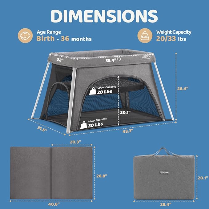 HARPPA Travel Crib with Comfy Mattress, Lightweight Portable Crib Requires No Assembly, Foldable Pack and Play for Baby and Toddlers, Compact Play Yard with Bed,Gray-BubblyBeeBaby