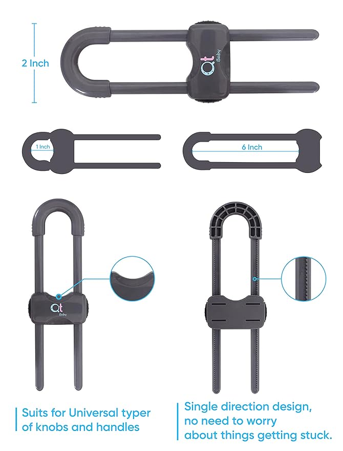 20 Pack - Baby Proofing Cabinet Locks Adjustable U Shaped Baby Safety Latches for Drawers, Fridge, Closet Modern Baby Proofing Cabinet Lock with Extra Secure Lock Buttons (Thunder Grey)-BubblyBeeBaby
