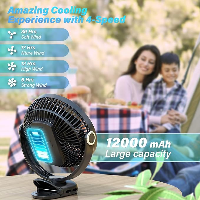 12000mAh Clip on Fan 30H Longest Runtime, 8in Portable Fan Rechargeable, Ultra Quiet with Heavy-Duty Clamp, USB Desk Fans for Golf Cart,Office Desk, Treadmill, Camping, Bedroom-BubblyBeeBaby