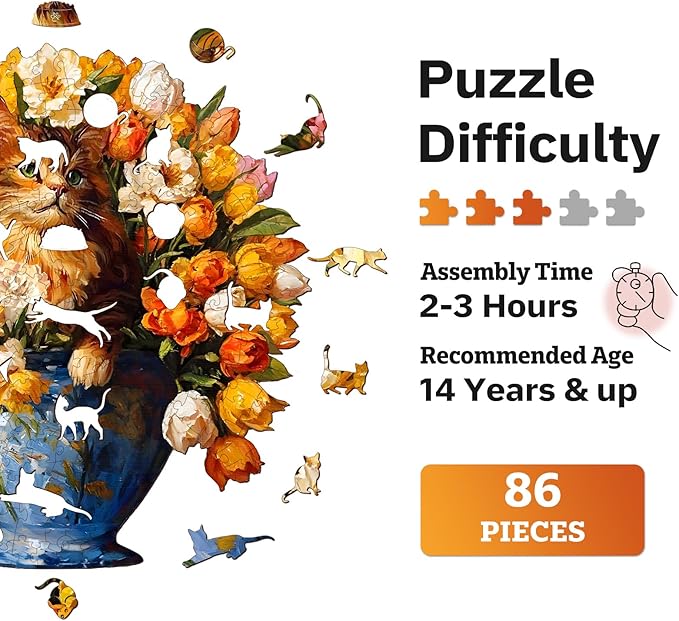 Jigfoxy Wooden Puzzles for Adults, The Vase Cat Wood Puzzles Adult, Unique Animal Shape Wooden Jigsaw Puzzles for Adults, Birthday Gifts for Puzzle Lovers, Family, Friend (S-7.4 * 7.7in-86pcs)-BubblyBeeBaby