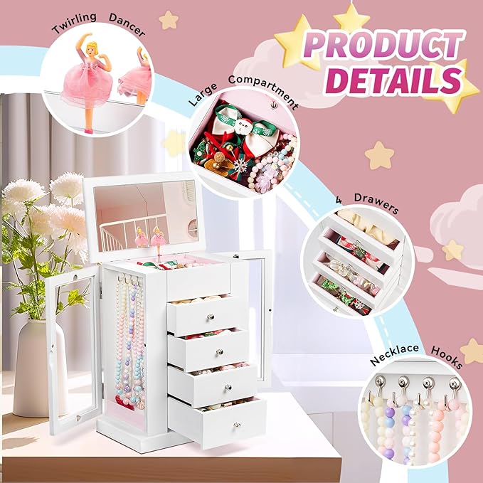 Jewelry Box for Girls, Musical Jewelry Box with Spinning Dancer Gifts for Little Girls Christmas New Year Birthday Children's Day, 5 Layer Large Wooden Kids Music Jewelry Organizer Box(White)-BubblyBeeBaby