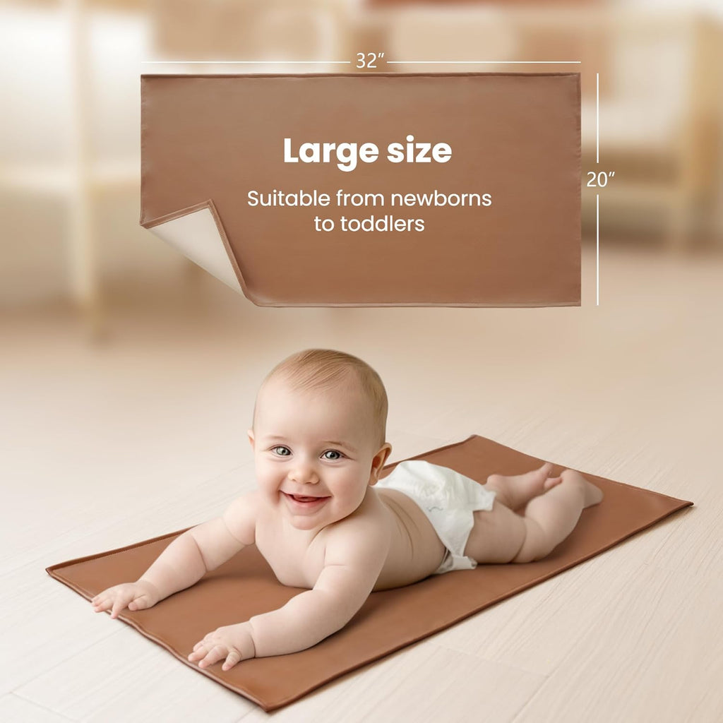 Konssy Faux Leather Baby Changing Mat, Waterproof, Wipeable & Portable Diaper Changing Pad for Travel or Home, Fits Perfectly in Diaper Bag, 32 x 20 inches (Brown,Beige)