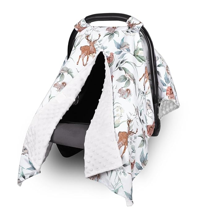 TANOFAR Baby Carseat Canopy, Peekaboo Opening Car Seat Canopy for Babies, Soft and Breathable Infant Carrier Canopy, Multi-use Baby Carrier, Stroller, Nursing Cover, Minky Blanket, Animal Leaf-BubblyBeeBaby