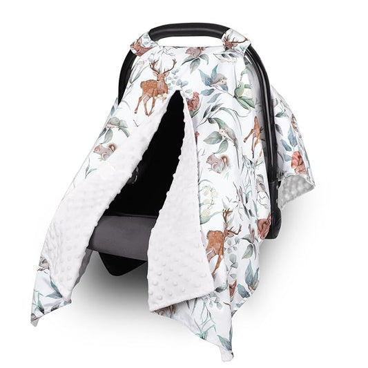 TANOFAR Baby Carseat Canopy, Peekaboo Opening Car Seat Canopy for Babies, Soft and Breathable Infant Carrier Canopy, Multi-use Baby Carrier, Stroller, Nursing Cover, Minky Blanket, Animal Leaf-BubblyBeeBaby