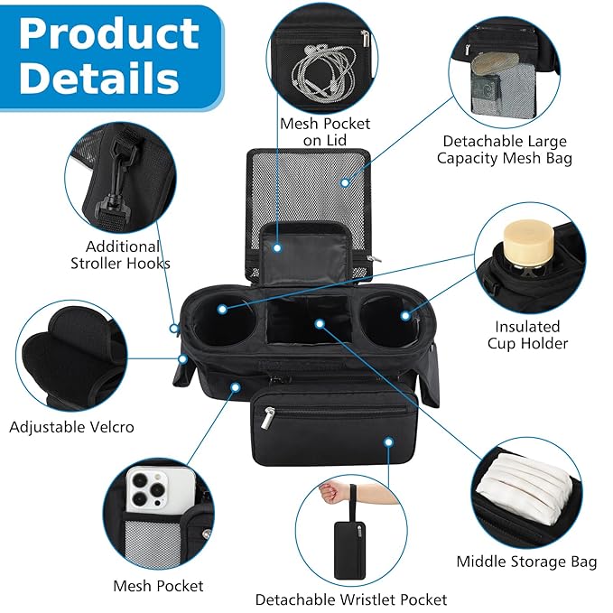 Accmor Universal Stroller Organizer with Insulated Cup Holder Detachable Phone Bag and Shoulder Strap,Stroller Bag Caddy Organizer Fits for Uppababy, Baby Jogger, Britax Strollers-BubblyBeeBaby