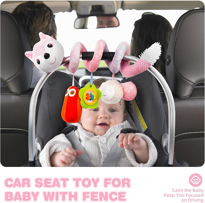 Jollybaby Baby Car Seat Stroller Toys, Plush Activity Hanging Spiral Activity Pram Crib with Music Box, Rattles, Squeaker for Babies Infant Boys Girls(Pink Fox)-BubblyBeeBaby