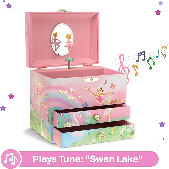 Jewelkeeper Jewelry Box for Girls - Spinning Ballerina Doll to Swan Lake Tune Music Box - Pink Jewelry Boxes for Girls with 2 Drawers - Ideal for Storing Necklaces and Bracelets - 7Lx5Hx6W Inches-BubblyBeeBaby