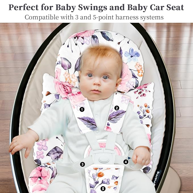 Pea Pod Infant Car Seat Insert with 3 Strap Covers, 3 in 1 Reversible Floral Baby Car Seat Head Support for Newborn, 3D Soft Minky Carseat Cushion for Preemie to Infant, Stroller, Swing, Bouncer-BubblyBeeBaby