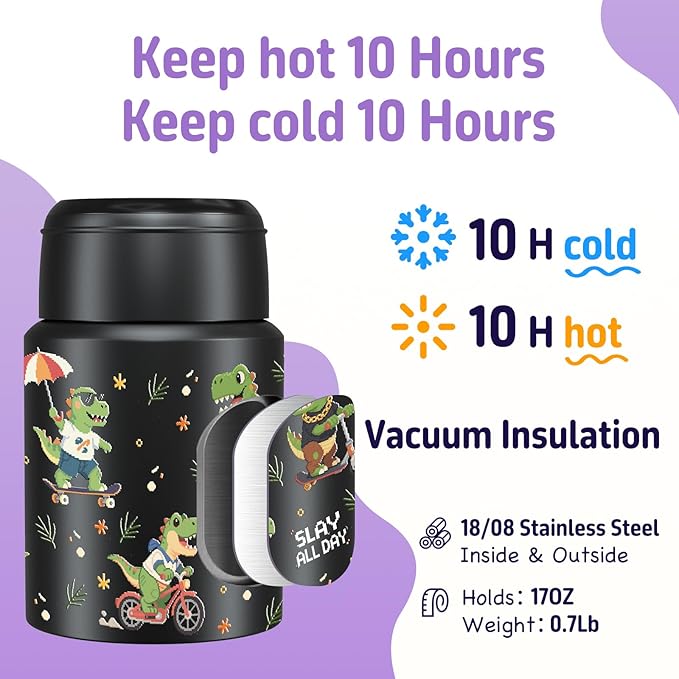 2-Pack Stainless Steel Vacuum Insulated Food Jar with Spoon, Soup Thermo Hot & Cold for Kids & Adults, Leakproof Insulated Lunch Containers with Carry Bag, 17oz.(Black-Dinosaur)-BubblyBeeBaby
