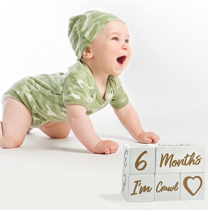 I'm Solid Wood Weekly Monthly Yearly Baby Milestone Age Blocks, Gender Neutral, Newborn Gifts & Keepsakes for Picture Props (5 Pcs/White)-BubblyBeeBaby