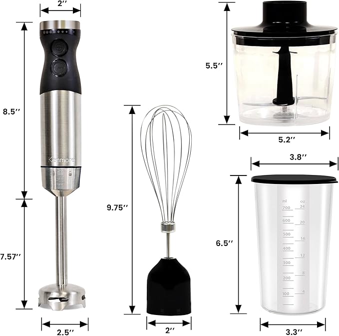 Kenmore Immersion Blender - Handheld Stick Mixer For Kitchen, Food Chopper, Whisk, Smoothie Milkshake Maker, Blend Baby Food, Protein Shake, Puree, Batidora De Inmersión Stainless Steel Blade, Black-BubblyBeeBaby