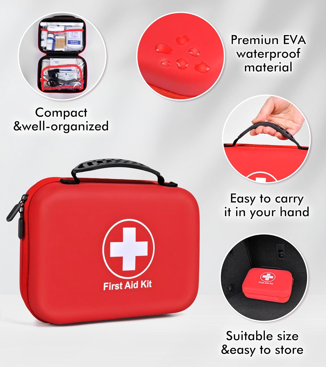 242Pcs Compact First Aid Kit, Waterproof Hard Shell Eva Medical Kits, All-Purpose Portable Trauma First Aid Kit for Boat, Home, Car, Travel, Camping, Hiking and Outdoor Emergencies(Red)