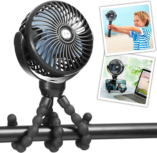 snawowo Mini Portable Baby stroller Fan, Battery Operated Personal Small Handheld Fan, 360° Rotate Flexible Tripod Rechargeable Clip On for Car Seat Crib Bike Treadmill Travel Camping Black-BubblyBeeBaby