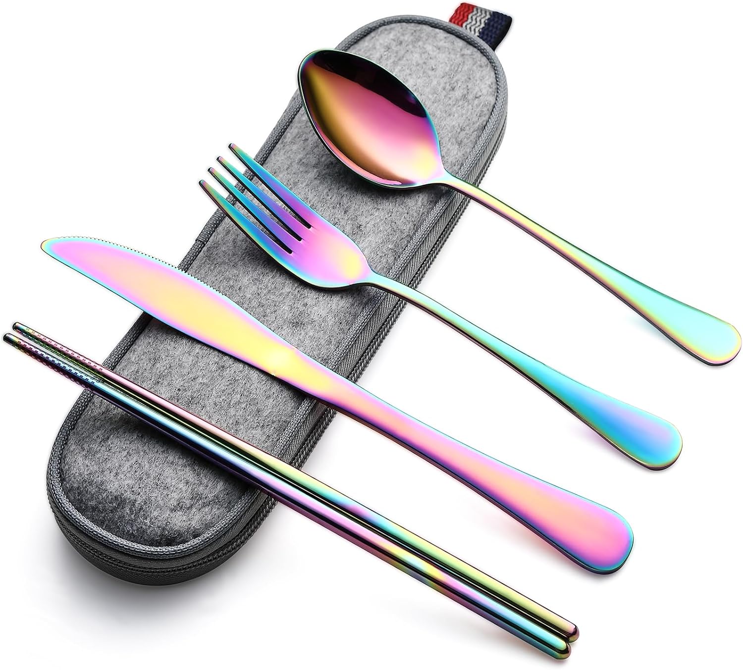 DEVICO Camping Utensils, Portable Travel Utensils with Case, Stainless Steel Reusable Silverware for Lunch Adult, 5Pcs Cutlery Set Includes Knife Spoon Fork Chopsticks and Case (Rainbow)