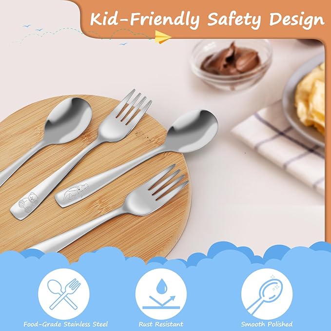 10-Piece Toddler Flatware, Kids Utensils Stainless Steel Cutlery Set, Children Safe Spoons and Forks with Ergonomic Handle, Easy to use and Dishwasher Safe (Crocodile and Bear)-BubblyBeeBaby
