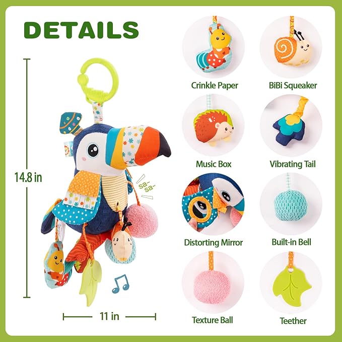 Jollybaby Musical Activity Pull String Hanging Toy for Baby Stroller Car Seat Crib Play Gym, Plush Stuffed Toucan Toy for Carseat with Music Teether Rattles, Sensory Toy for Baby Gift-BubblyBeeBaby