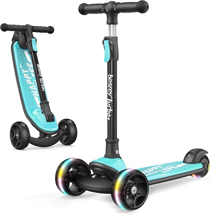 Besrey Kick Scooter for Kids Ages 3-10, 3-Wheel Folding Scooter with Adjustable Height, LED Light Wheels, Extra Wide Deck for Outdoor Activities