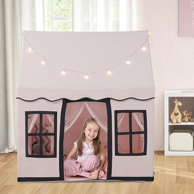 INFANS Kids Play Tent with Washable Mat Star Light Windows, Anti-Trip Large Playhouse Toys for Children Boys Girls, Indoor Outdoor Princess Tents Castle for Toddlers (Pink)-BubblyBeeBaby