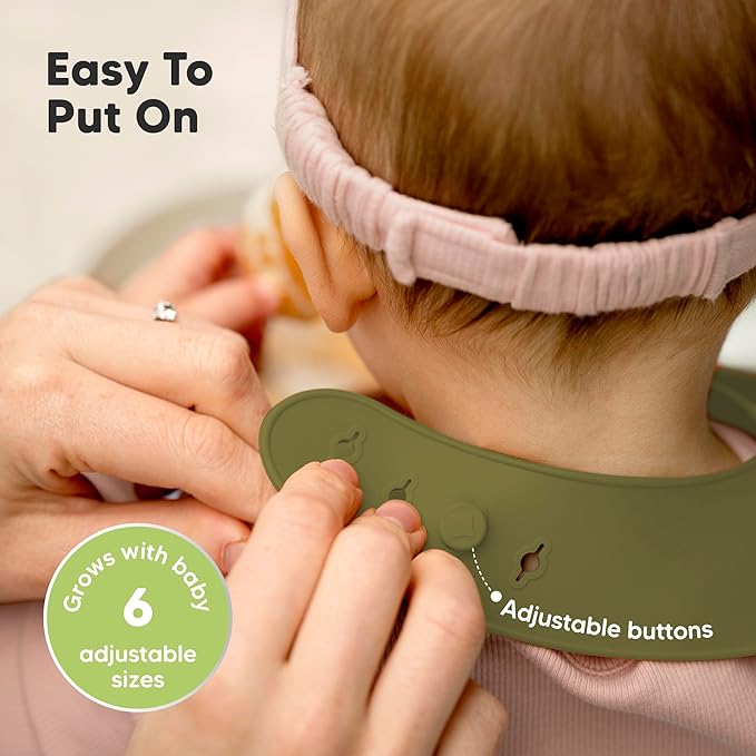 KeaBabies 2-Pack Silicone Baby Bibs for Eating - Sturdy Food-Grade Silicone Bibs for Babies Girl, Boy, Large Food Catcher, Clean & Put On Easily, Waterproof Toddler Feeding Essentials (Olives)-BubblyBeeBaby