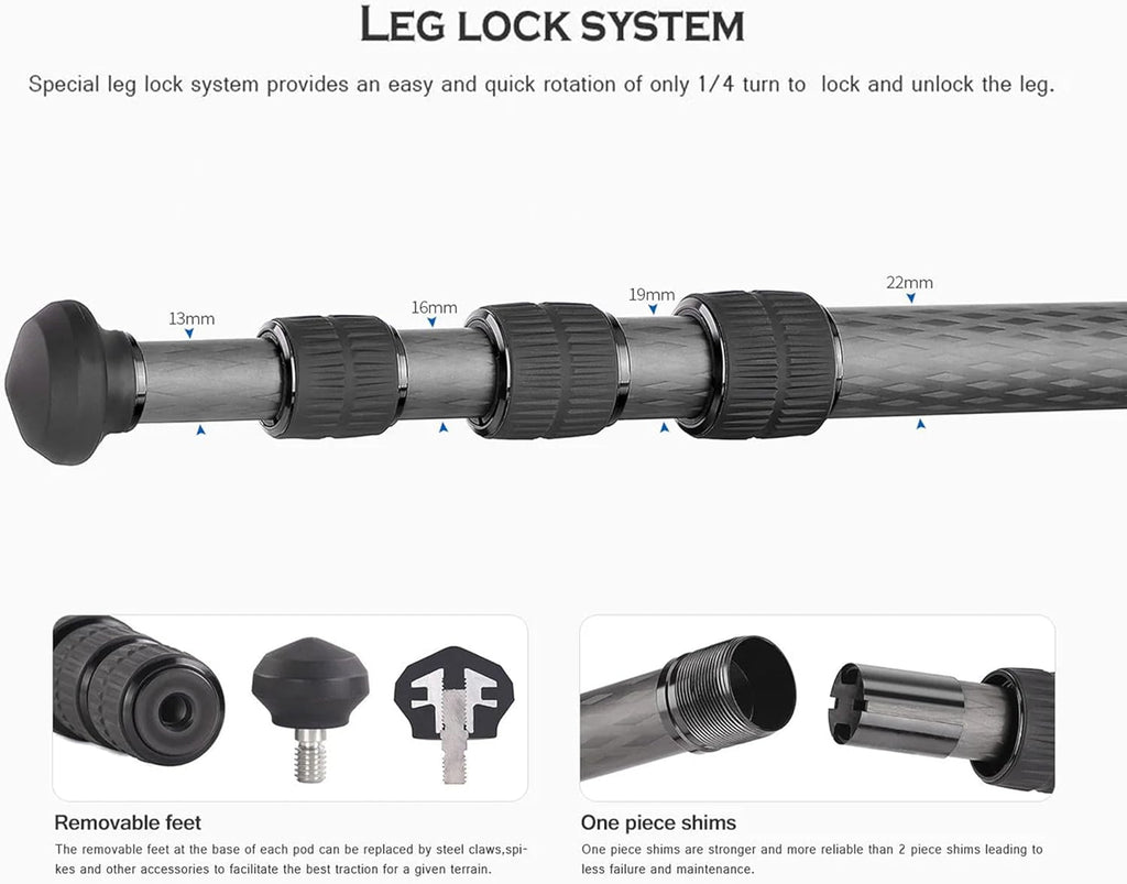 Leofoto 42" Lightweight Carbon Fiber Travel Tripod, Professional Compact Tripod for Camera DSLR Video, Max Load 13Lbs/6KG (LS-224CX)