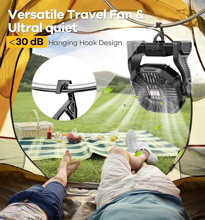 15000mAh Portable Battery Powered Camping Fan - with LED Light, Quiet Battery Operated, Camping Gear for Travel, Tent, Beach, Car or Hurricane Power Outages，Black-BubblyBeeBaby
