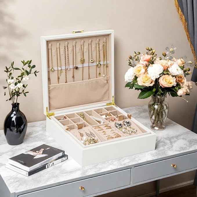 Jewelry Box Organizer for Women,White 2 Layer jewelry Stoarge Case,Built in Necklace Hook and Detachable Jewelry Tray,Indoor Jewelry Display Box-BubblyBeeBaby