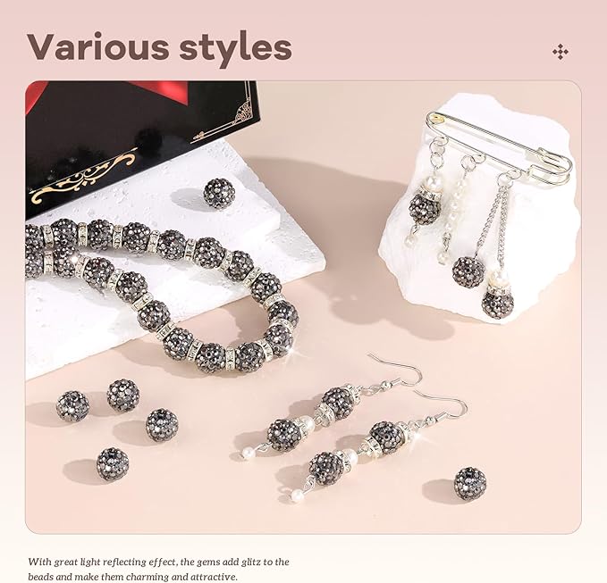 105pcs 10mm Rhinestone Beads for Jewelry Making, Hematite Shiny Round Disco Ball Beads Bulk, Sparkle Crystal Clay Christmas for Bracelet Baseball Necklace Earring Crafting and DIY-BubblyBeeBaby