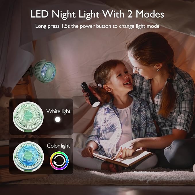 Momcozy Portable Stroller Fan, 8000mAh, 27H Ultra-long Battery Life, Detachable 4 Speed 360°Rotate, LED Night Light with 2 Modes, USB Rechargeable Handheld Cooling Fan for Travel, Car Seat, Bedroom-BubblyBeeBaby