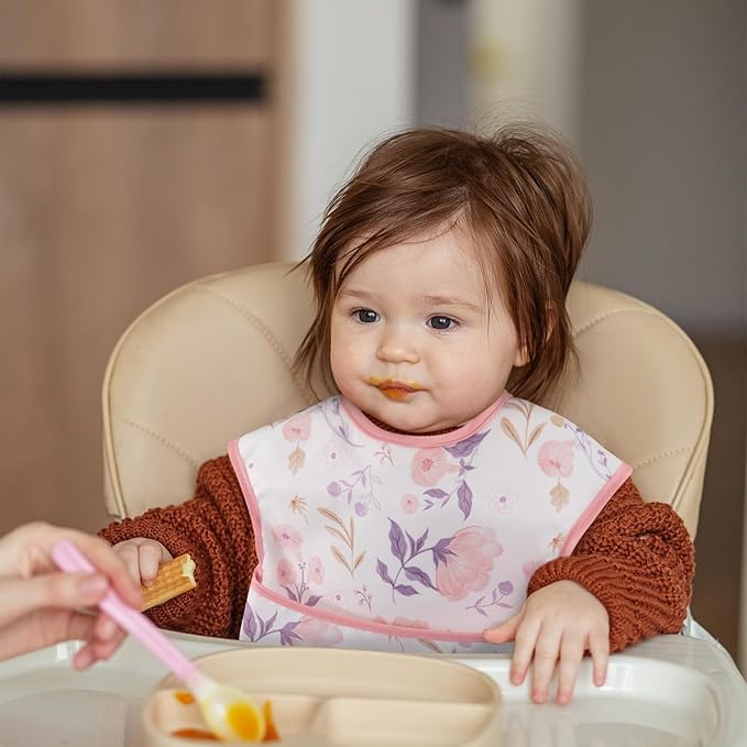 Mess Proof Baby Bib 3 Pack, Waterproof Led Weaning Baby Feeding Bibs with Food Catcher, Travel Feeding Bibs-BubblyBeeBaby