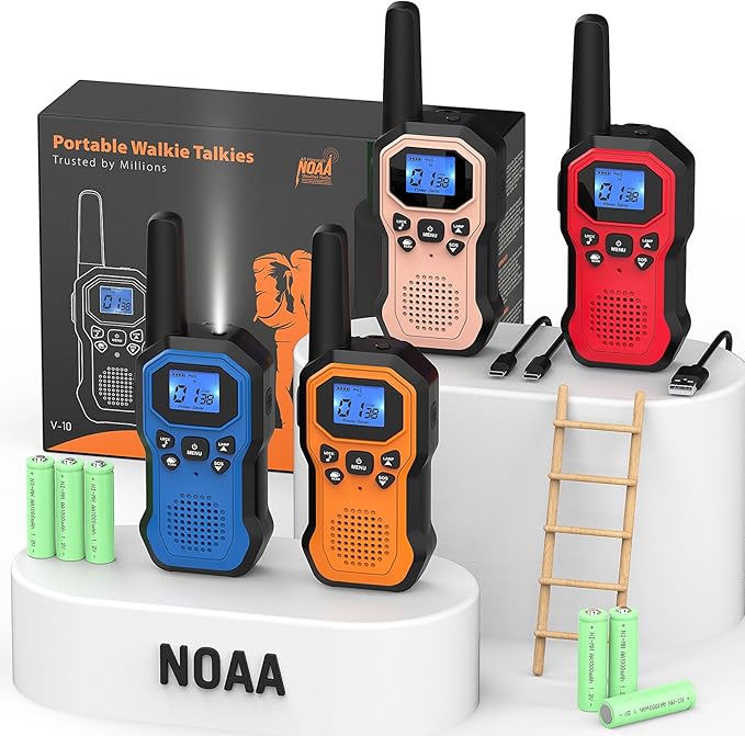 2 Way Radios for Adults Long Range Walkie Talkies for Kids Rechargeable 4 Pack, Camping Hiking Skiing Cruising Gear with Lamp, USB-C, SOS Siren, NOAA Alert, iVOX Hands-Free, One-Touch Pairing-BubblyBeeBaby