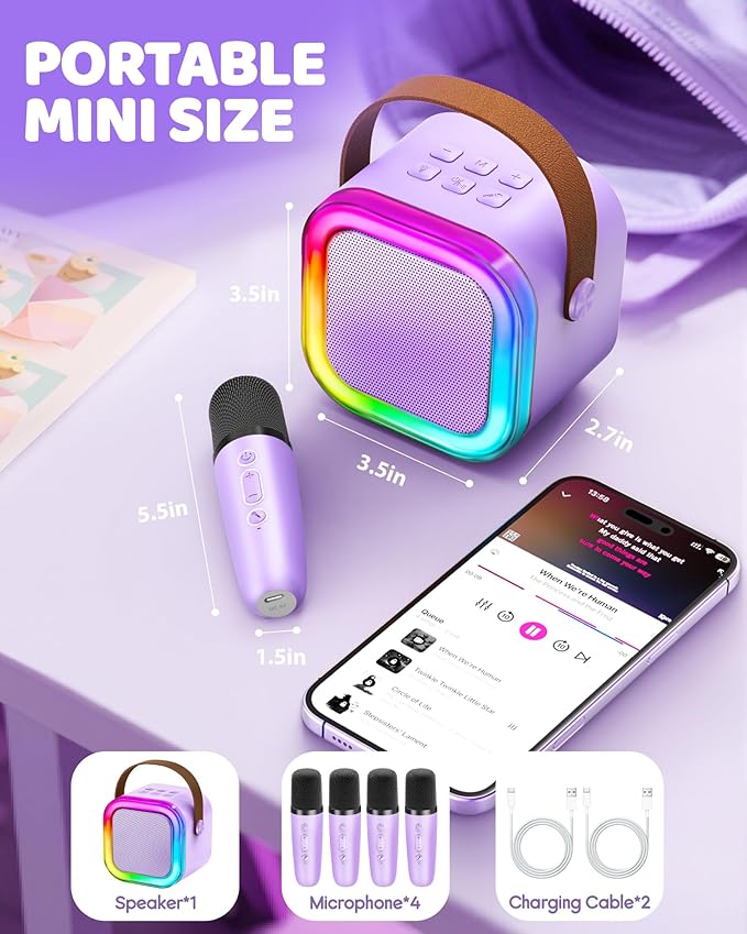 IROO Mini Karaoke Machine for Kids, 2025 TOP Toys Birthday Gifts Ideas for Girls Ages 4, 5, 6, 7, 8, 9, 10, 12+ Years Old, Portable MP3 Player with 4 Wireless Mics for Party-BubblyBeeBaby