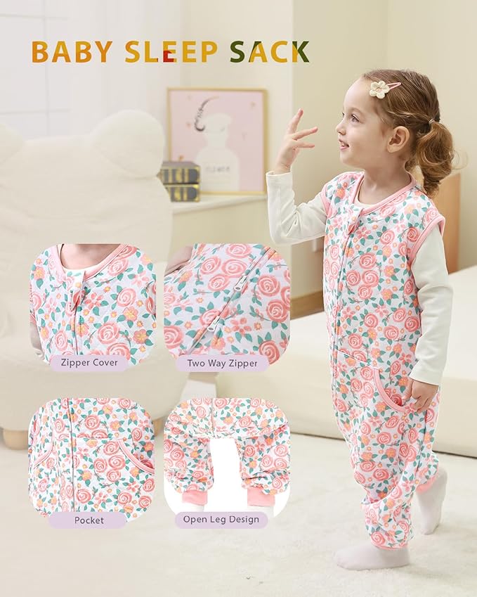HOMEAL 1.0Tog Toddler Sleep Sacks 2T-3T,Toddler Sleeping Sack with Legs, Sleep Sacks, Baby Wearable Blanket, Pink Rose-BubblyBeeBaby