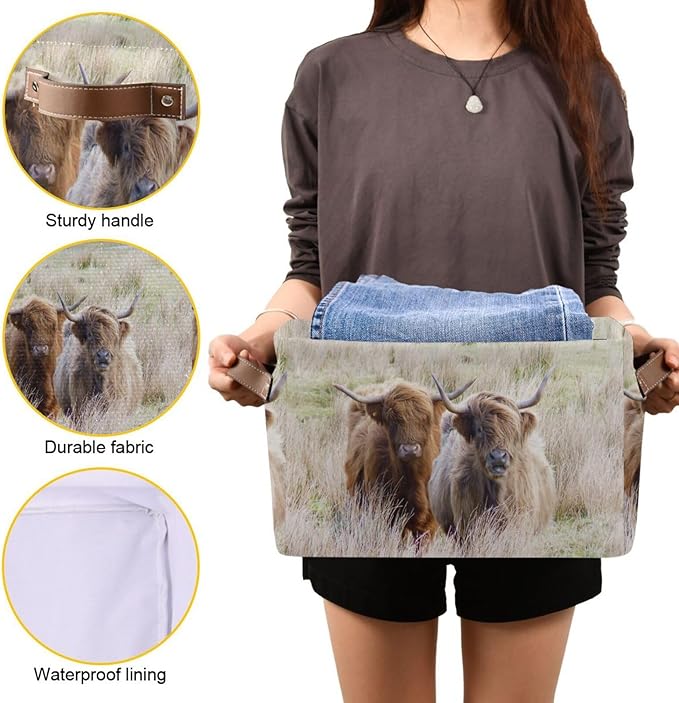 Highland Cows Storage Basket Cube Storage Bins Organizer Bag Collapsible Closet Shelf Baskets with handle for Baby Cloth Pet Toy Book 14.2×10.2×8.3 IN-BubblyBeeBaby