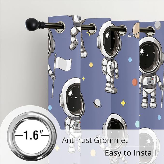 Kids Astronaut Blackout Curtains - 100% Blackout, Thermal Insulated, Noise Reducing, Perfect for Kids Room and Nursery, 2 Panels (Spacewalk Buddies, W52×L84)-BubblyBeeBaby