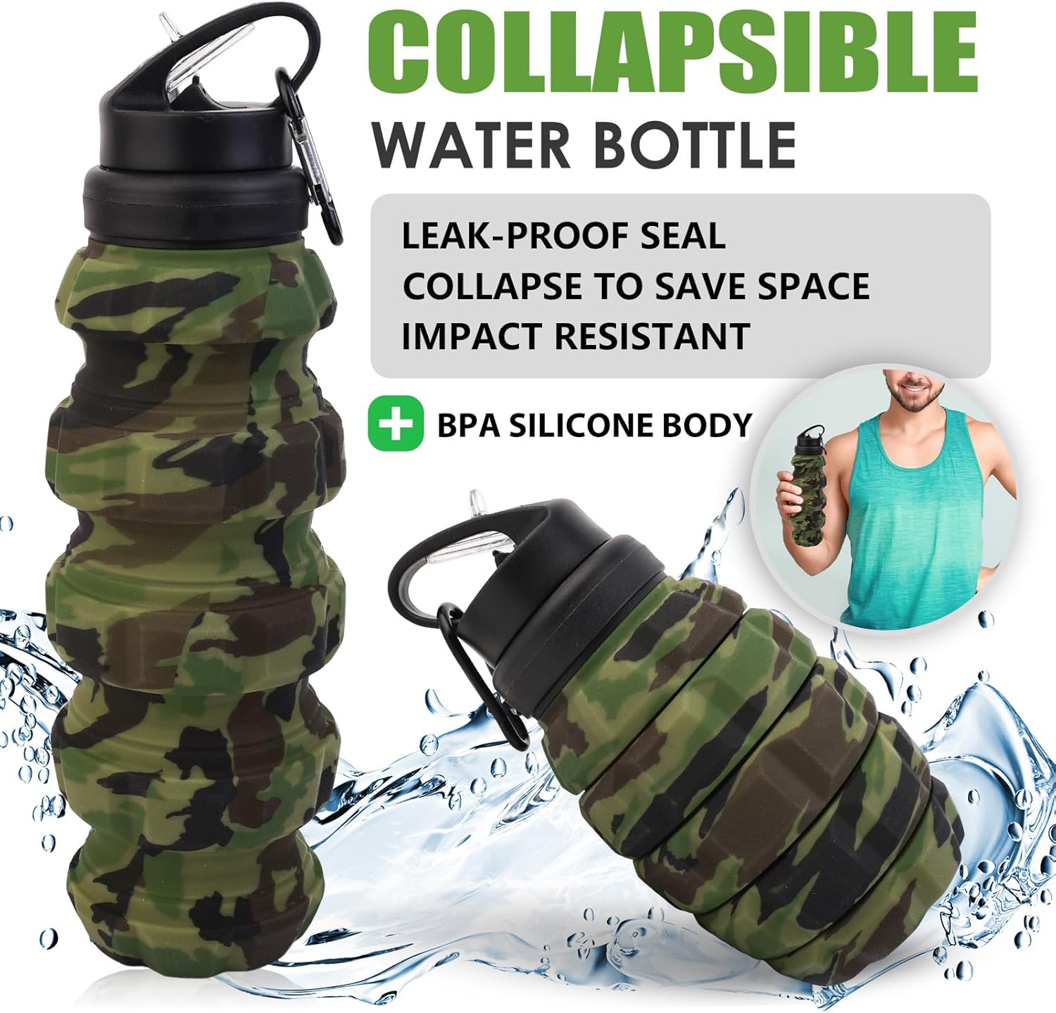 Collapsible Travel Water Bottle18oz, Reuseable Silicone Foldable Water Bottles for Gym Camping Hiking, Portable Leak Proof Sports Water Bottle with rugby Carabiner (Green)